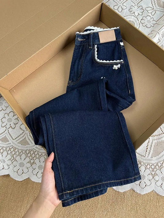Lace Patchwork Jeans With Bow Design Pants For Women