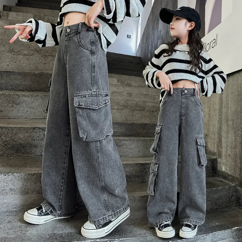 Kids Casual Denim Straight Baggy Trousers