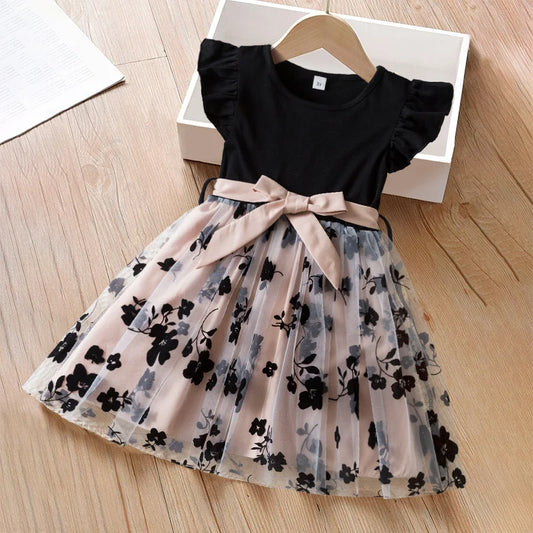 Black Rose Flower Ruffles Elegant Princess Dress