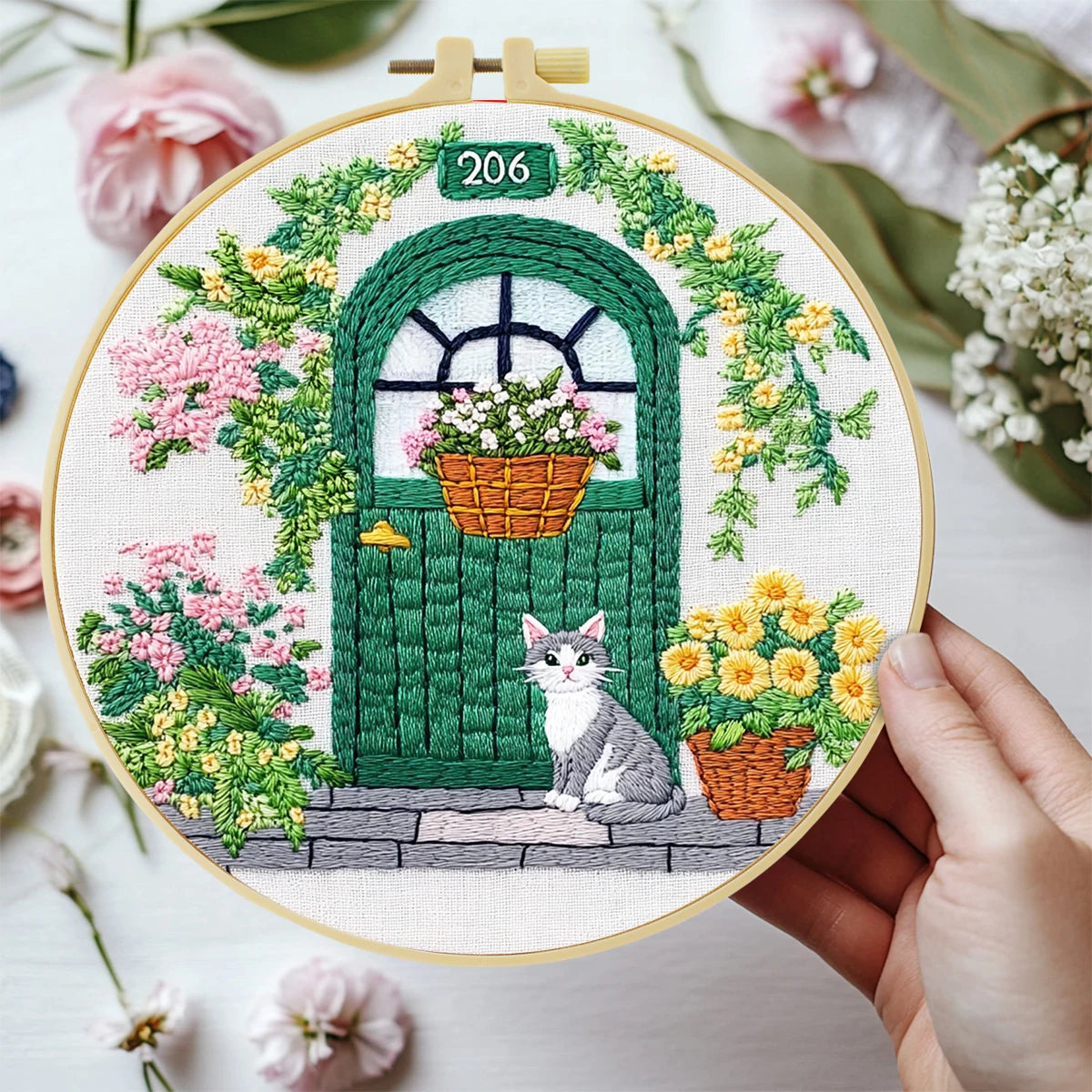 Front Door Cat Embroidery Starter Kit DIY Cross Stitch Set for Beginner Printed Sewing Art Handcraft Home Decor Needle Art