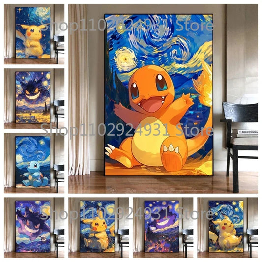 Classic Anime Pokemon Poster Pikachu Gengar Spray Charmander Starry Sky Series Canvas Painting Home Wall Decoration Art Painting