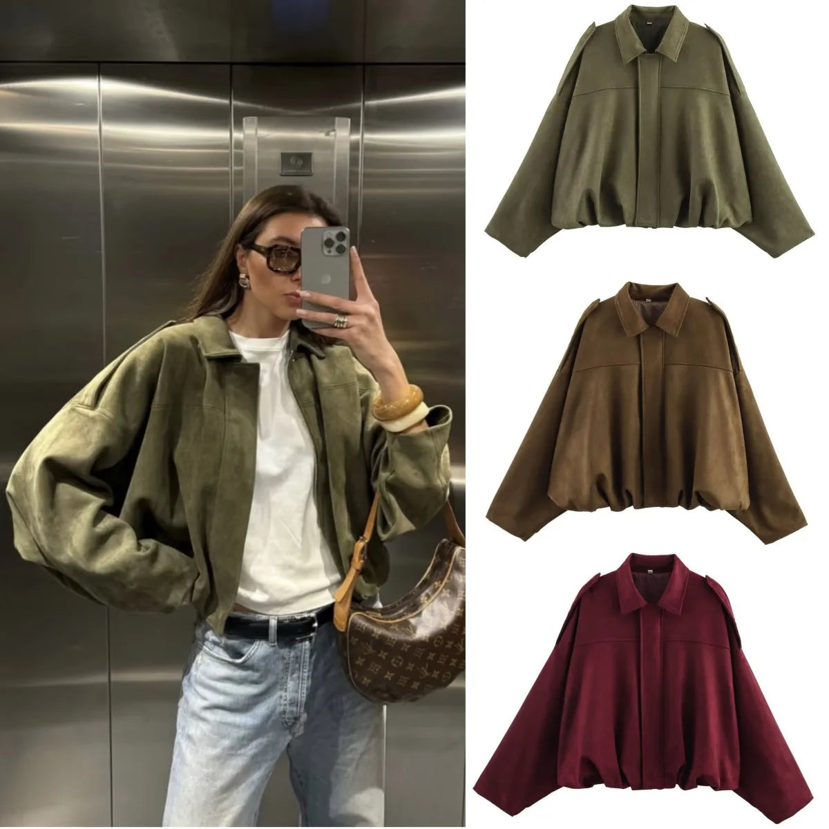 women's suede texture lapel shoulder bomber jacket