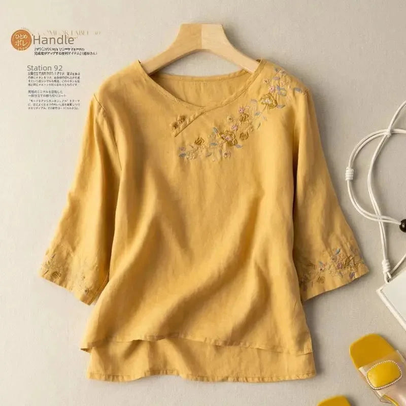 Loose Embroidered Cotton Linen Versatile Sleeveless Shirt