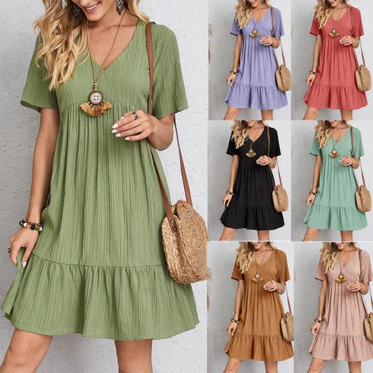 V-neck Short Sleeved Pleated Women Dress