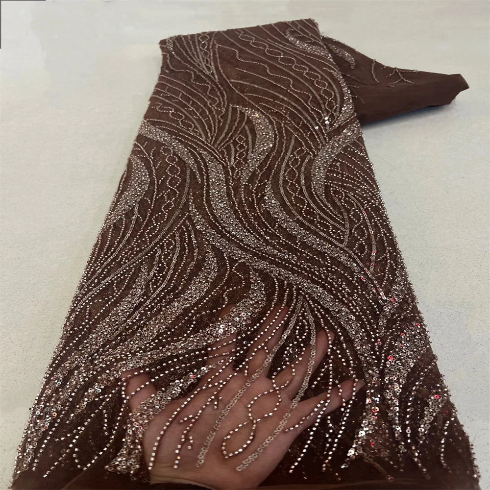 Gold African Tulle Lace Fabric 2025 French Net Sequins Fabric Sewing Embroidery With Beads Lace Tulle Mesh Nigeria Dress 5 Yards