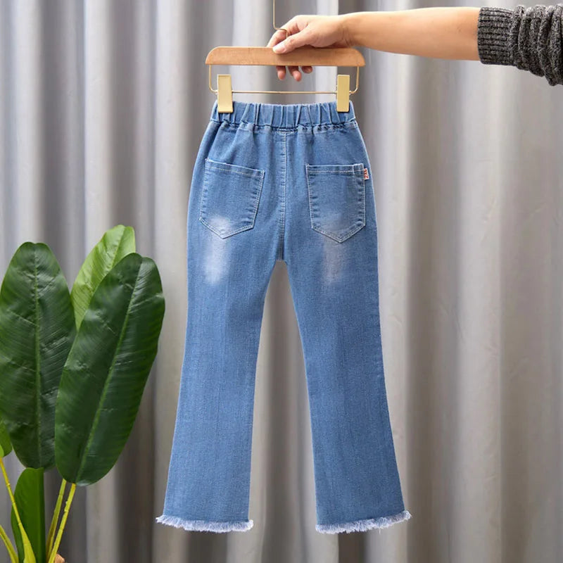 Elastic Leisure Bow Denim Children Flared Pants