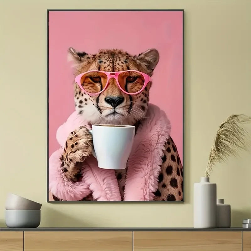 Charming Cheetah Drink Coffee Canvas Art Print,Frameless Poster, Perfect for Animal Lovers, Wall Decor for Home, Office, Cafe