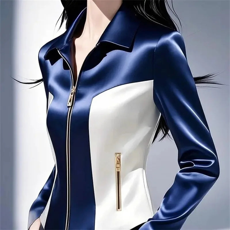 Contrast Satin Women Zipper Top Jacket