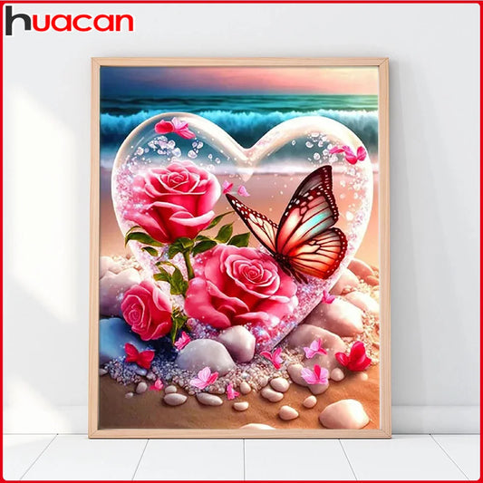 Butterfly Diamond Mosaic Rose Full Round Diamond Painting Seaside Heart Handicrafts 30x40cm