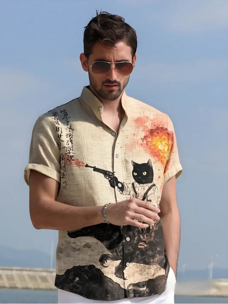 Retro Calligraphy Cat Dinosaur Print Shirt