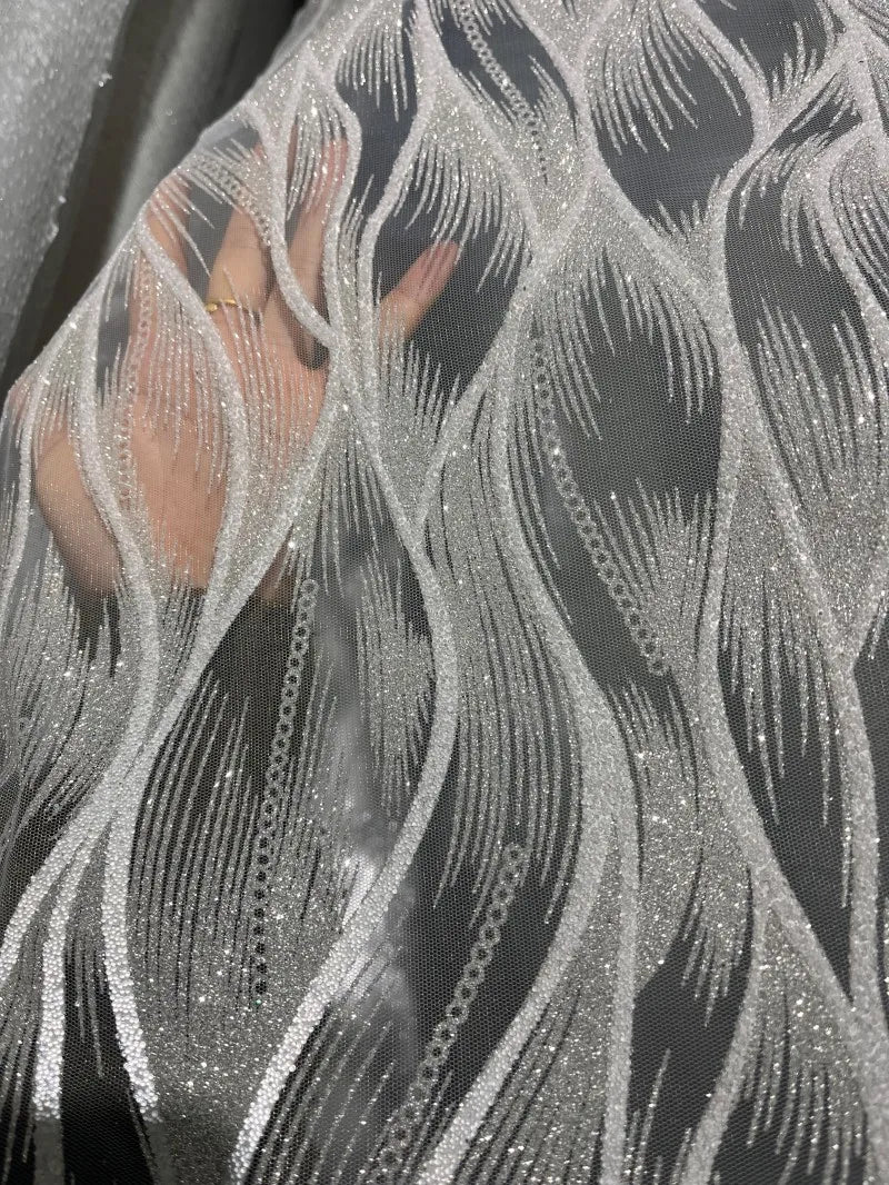 Luxury Glitter Mesh Lace Fabric Silver Sparkly Wave Embroidery Tulle for Gown Evening Dress DIY Sewing Material