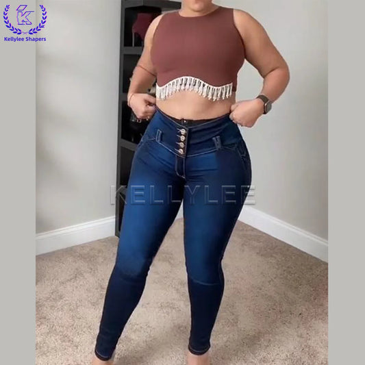 Built-In Buttoned Hip Lifting Shape Denim Trouser