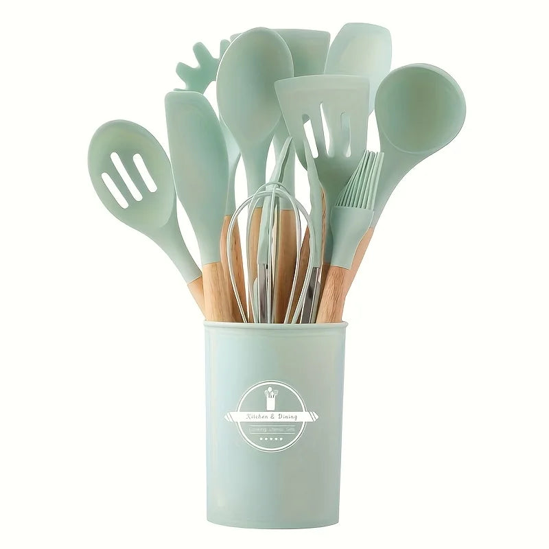 12Pcs Silicone Cooking Utensils Set For Handle Non Stick Pot Kitchenware Set Storage Bucket Resistant Accessoires kitchenware